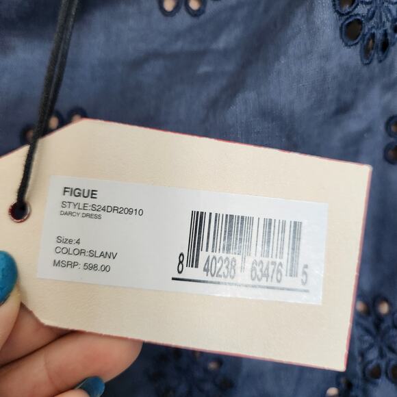 FIGUE Darcy Linen Eyelet Mini Dress 4 Navy Party Fairycore Wedding Cocktail - Picture 5 of 9